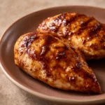 Air Fryer Chicken Breast Glazed for a Quick Weeknight Dinner 3 Close-up of air fryer chicken breast glazed with a shiny finish and garnished with herbs.