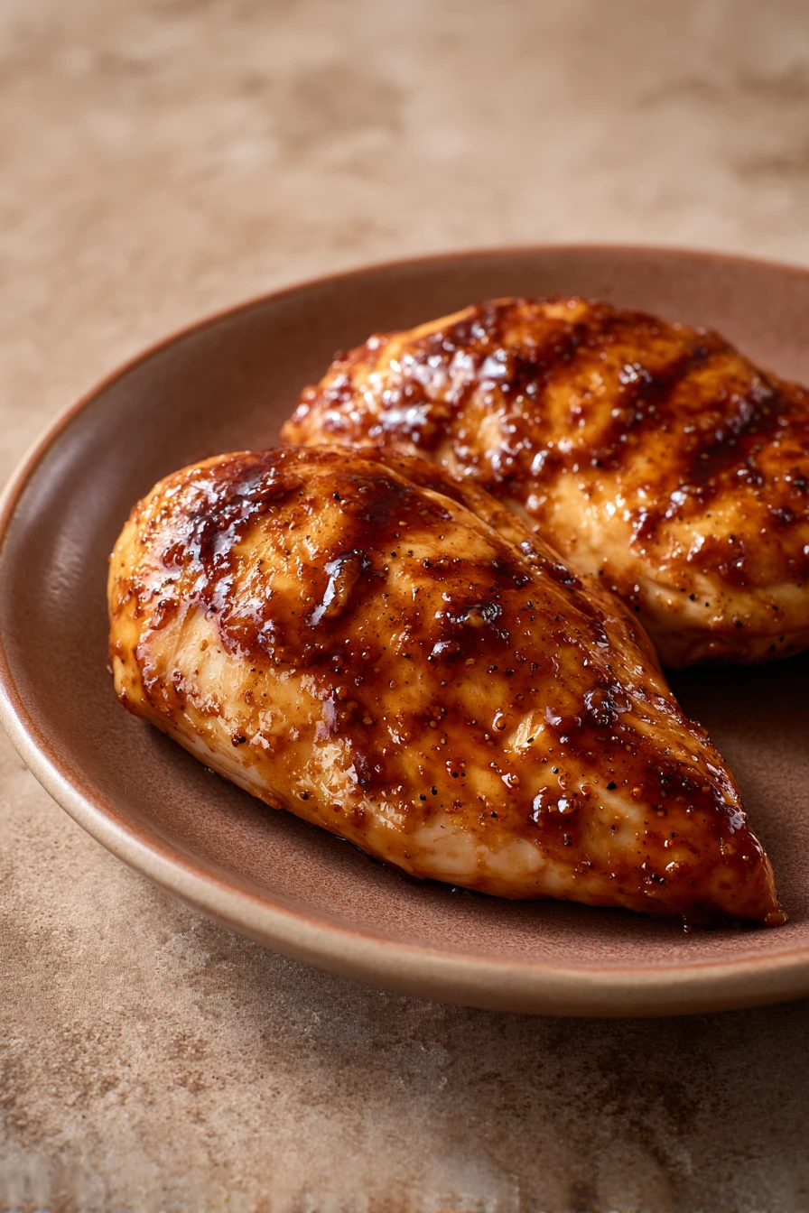 Air Fryer Chicken Breast Glazed for a Quick Weeknight Dinner 2 Close-up of air fryer chicken breast glazed with a shiny finish and garnished with herbs.