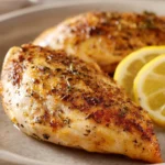 Close-up of air fryer chicken breast with lemon slices on a white plate