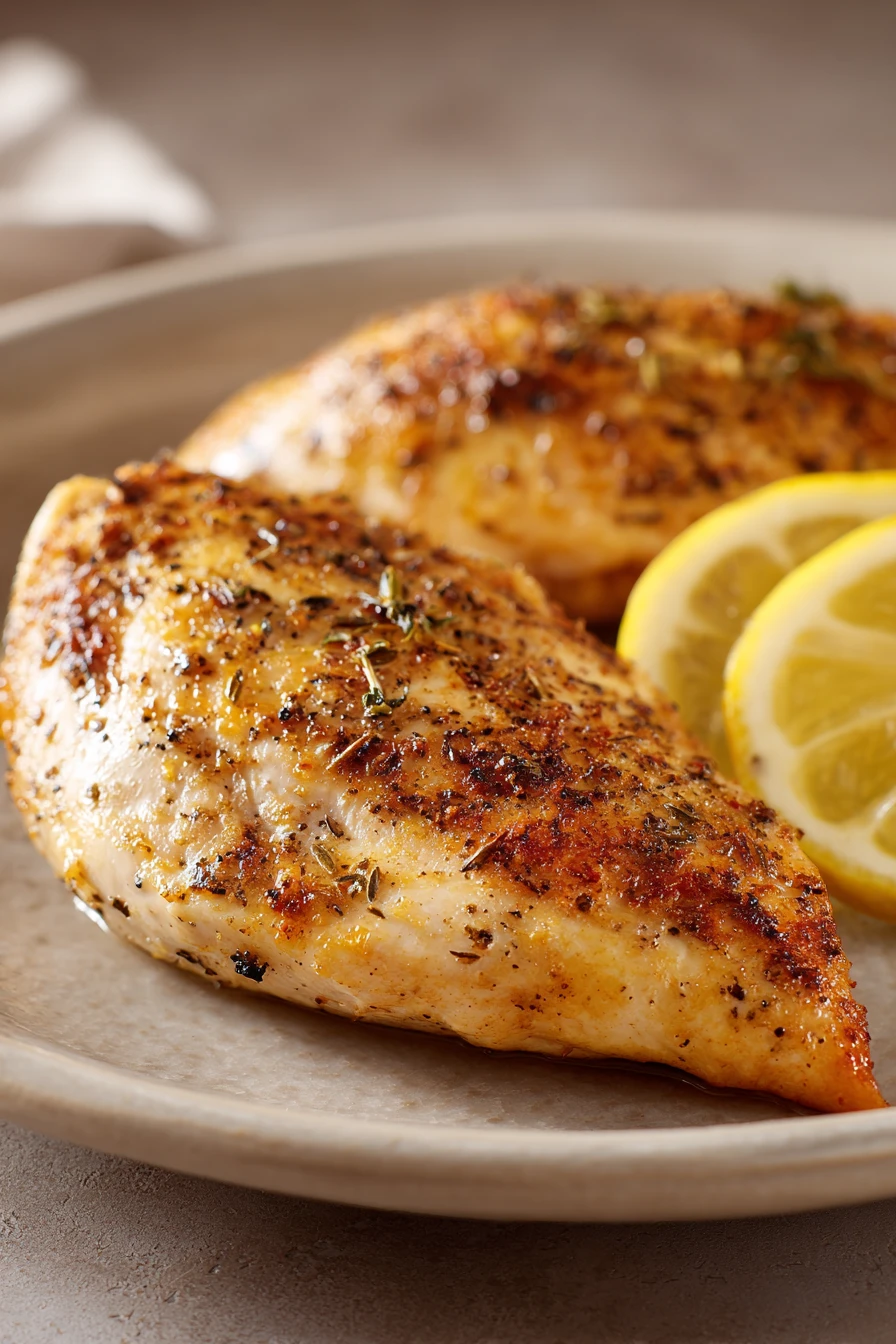 Close-up of air fryer chicken breast with lemon slices on a white plate