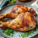 Close-up of air fryer chicken leg and thigh with crispy skin and golden brown color