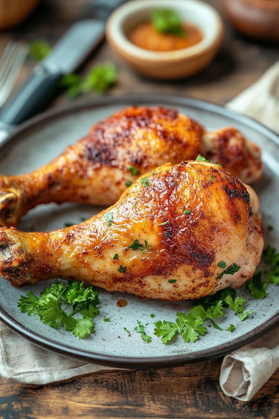 Close-up of air fryer chicken leg and thigh with crispy skin and golden brown color