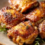 Close-up of air fryer chicken thigh with creamy sauce on a white plate