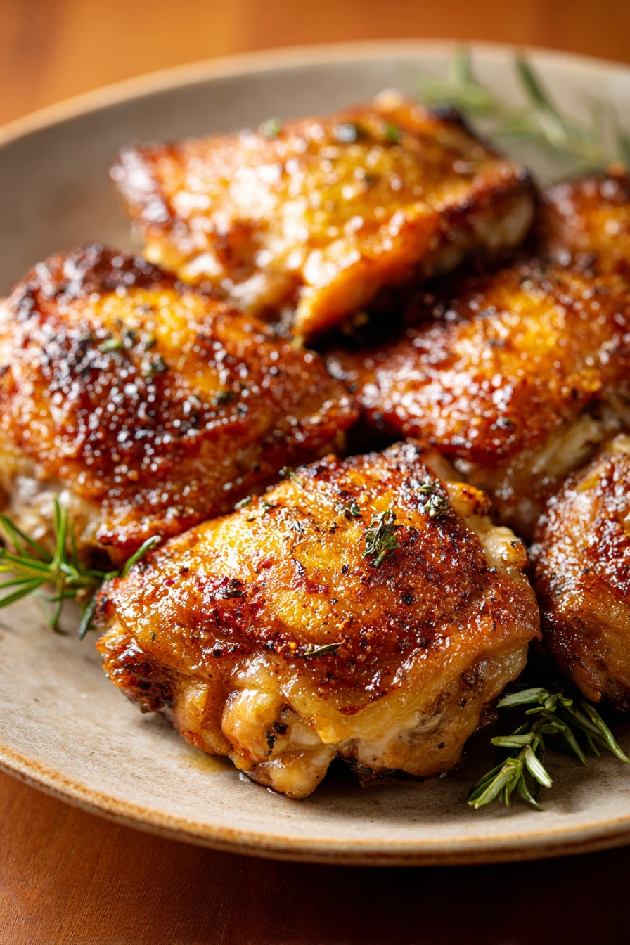 Close-up of air fryer chicken thigh with creamy sauce on a white plate