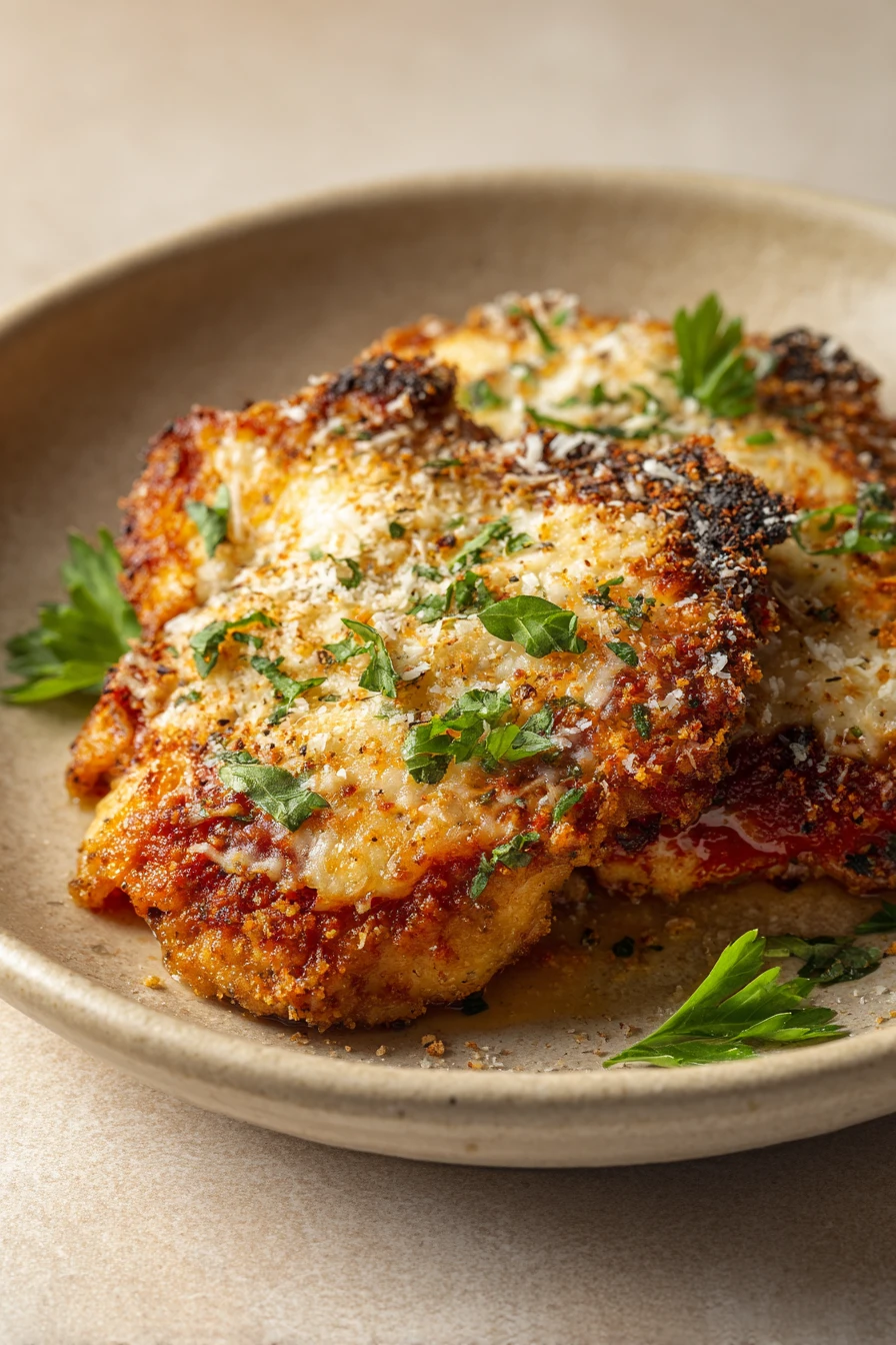 When Crispy Meets Cheesy: Air Fryer Chicken Thigh Parmesan for Weeknight Comfort 2 Golden-brown air fryer chicken thigh parmesan with melted cheese and herbs