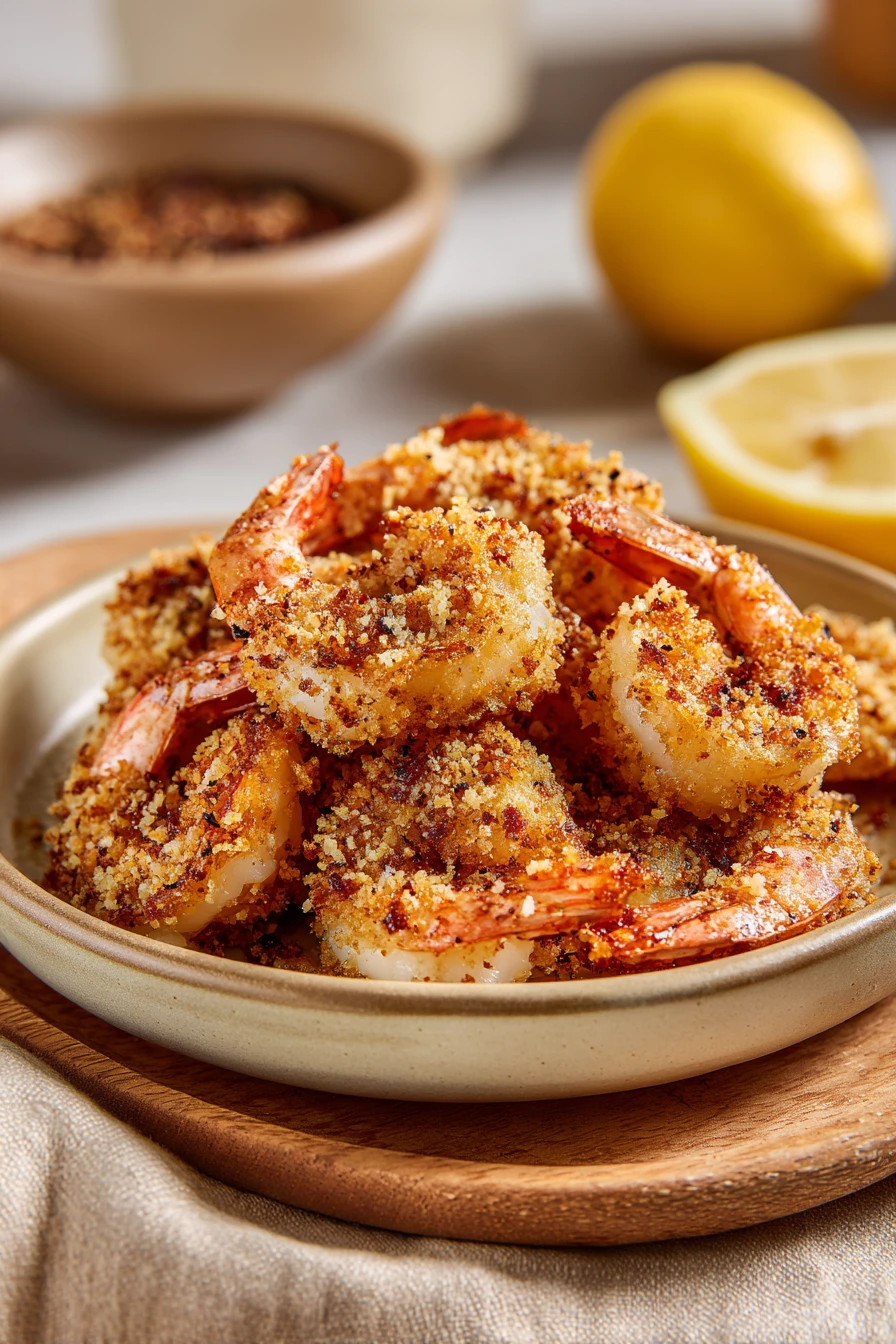 Air Fryer Fried Shrimp (No Egg) for Crunchy Snack Cravings 2 Close-up of crispy air fryer fried shrimp on a white plate with a clean background.