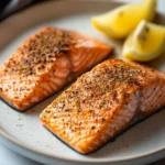 Close-up of air fryer king salmon with a golden crust on a white plate.