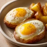 Close-up of air fryer potato and eggs with golden crispy texture