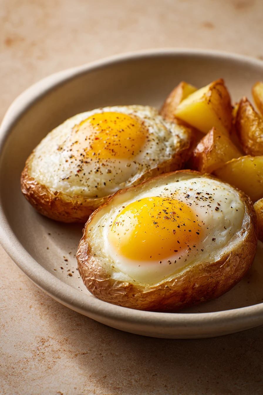 Close-up of air fryer potato and eggs with golden crispy texture