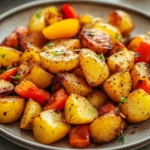 Close-up of air-fried potatoes and peppers with bright lighting