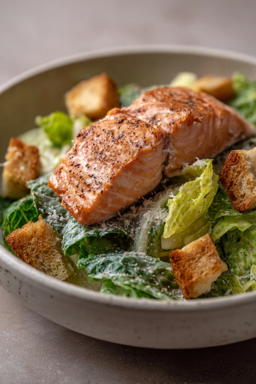 Close-up of air fryer salmon caesar salad with fresh greens and crispy salmon pieces