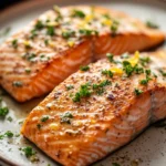 Close-up of air fryer salmon with lemon and garlic butter on a clean plate.