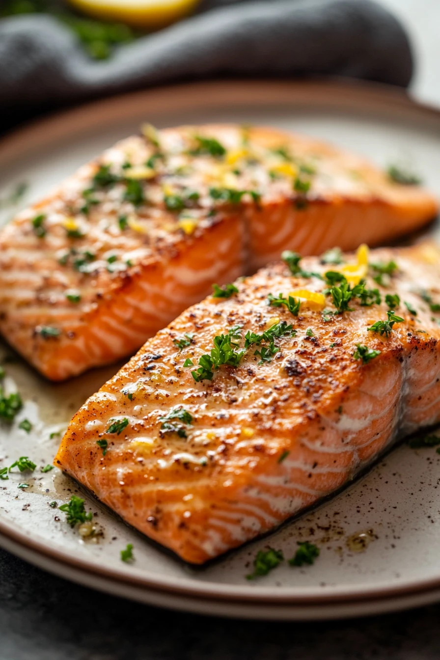 Close-up of air fryer salmon with lemon and garlic butter on a clean plate.