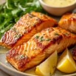 When Dinner Calls for Air Fryer Salmon with Mustard Sauce on a Busy Night 3 Close-up of air fryer salmon with mustard glaze on a white plate.