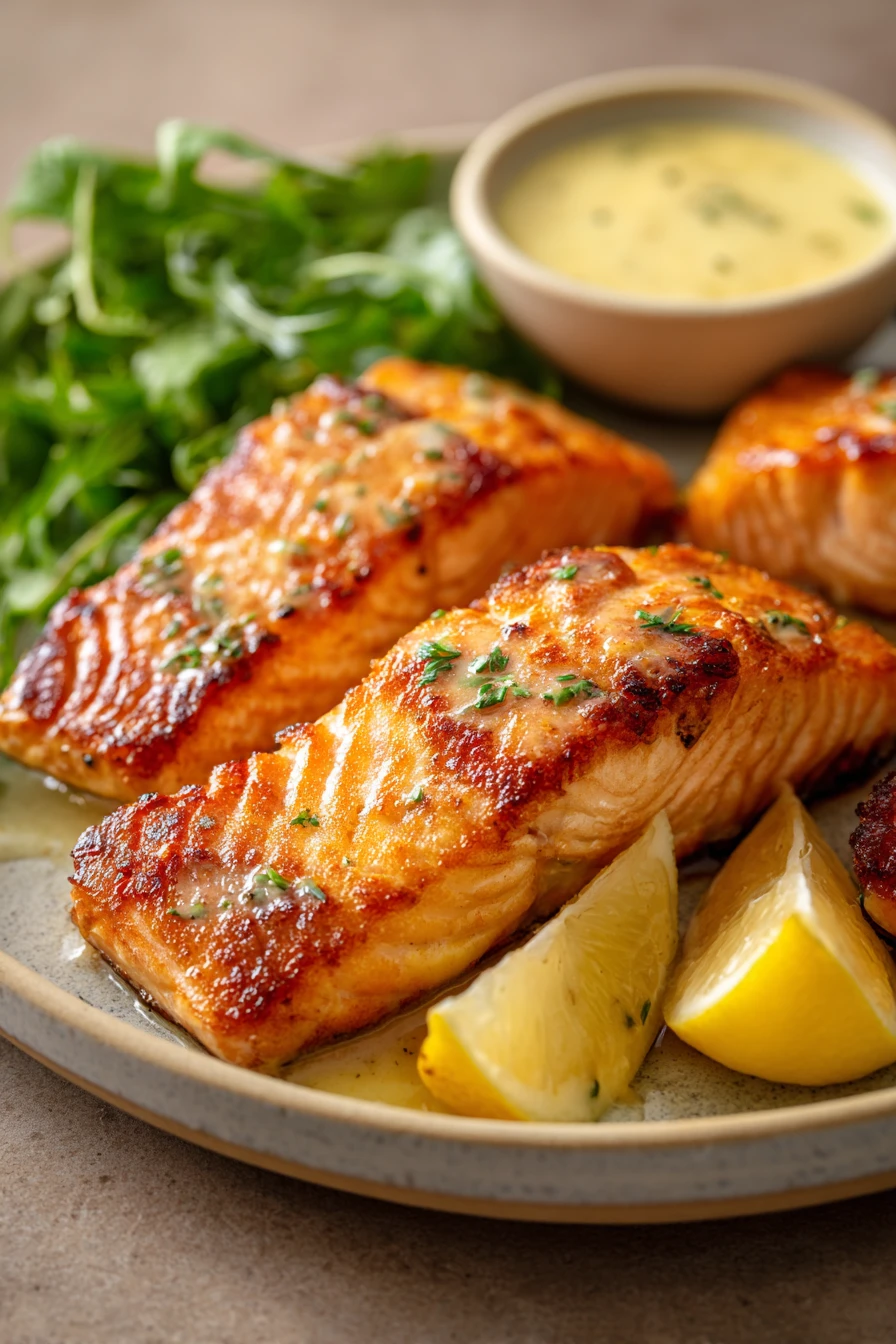 When Dinner Calls for Air Fryer Salmon with Mustard Sauce on a Busy Night 2 Close-up of air fryer salmon with mustard glaze on a white plate.