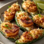 Close-up of air fryer shrimp jalapeno poppers with crispy texture and minimal background.