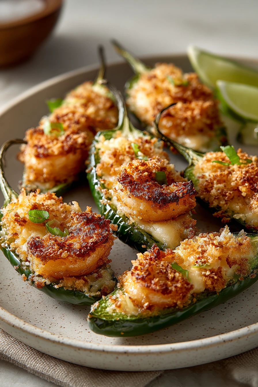 Close-up of air fryer shrimp jalapeno poppers with crispy texture and minimal background.