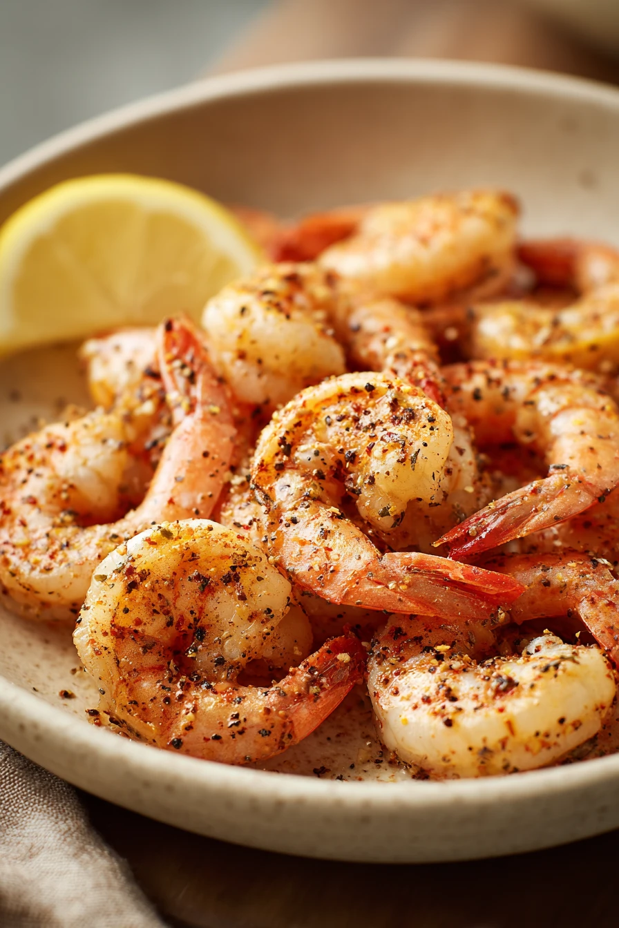 When You Need Quick Flavor: Air Fryer Shrimp Lemon Pepper Ready Fast 2 Close-up of air fryer shrimp with lemon pepper seasoning on a clean white plate.