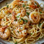 Close-up of air fryer shrimp pasta with a creamy sauce and herbs on a white plate.
