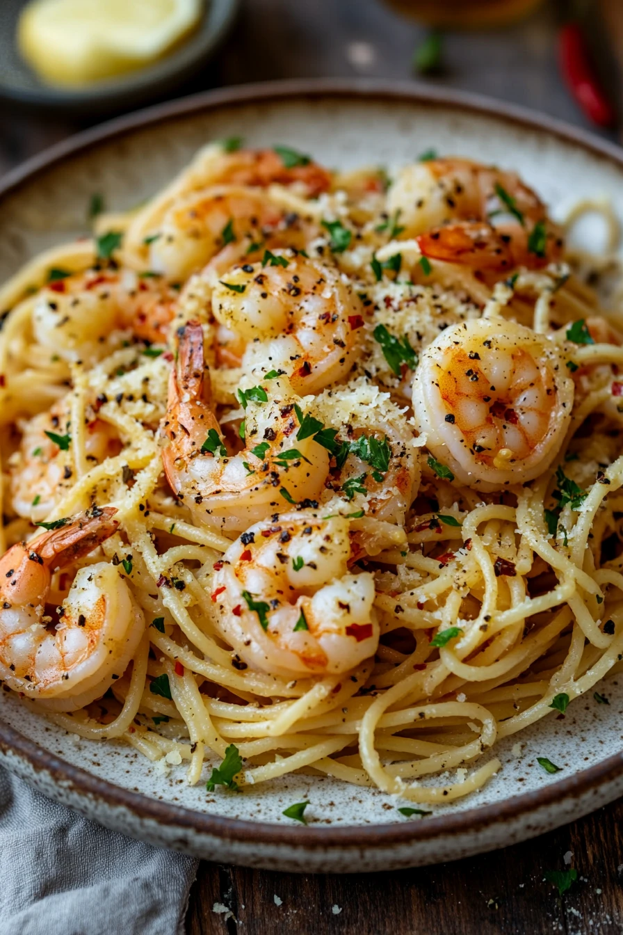 Close-up of air fryer shrimp pasta with a creamy sauce and herbs on a white plate.