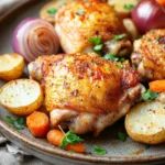 Close-up of a baked chicken thigh dinner with golden crispy skin and herbs