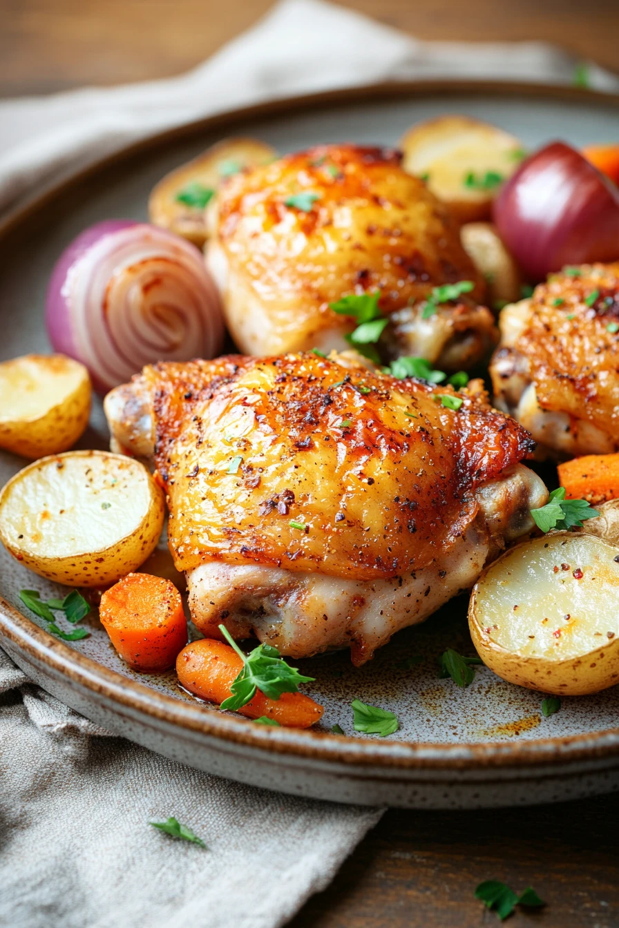 Close-up of a baked chicken thigh dinner with golden crispy skin and herbs