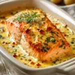 When You Need a Cozy Dinner: Baked Creamy Salmon to the Rescue 3 Close-up of baked creamy salmon with a golden crust and herbs on a white plate.