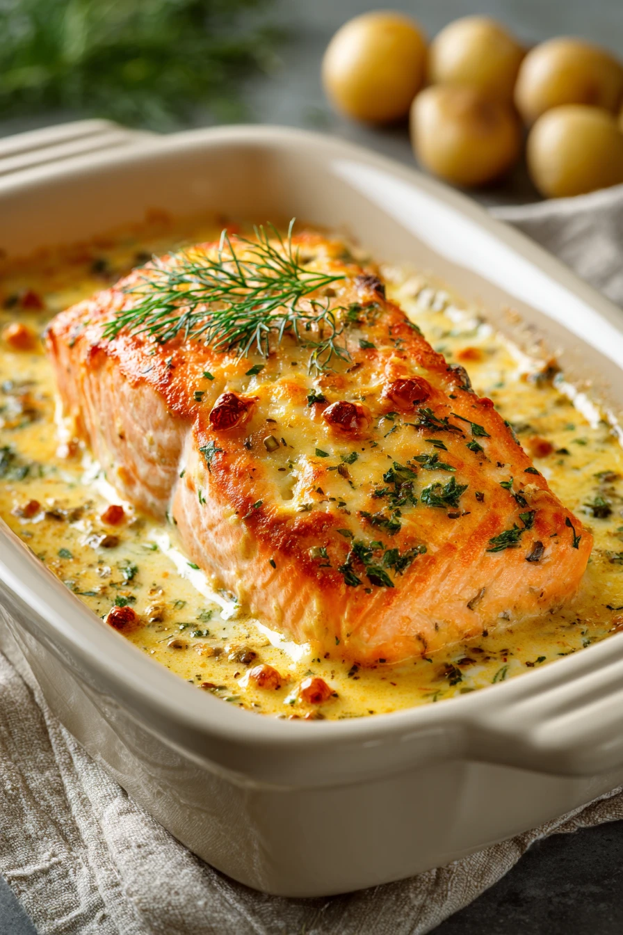 When You Need a Cozy Dinner: Baked Creamy Salmon to the Rescue 2 Close-up of baked creamy salmon with a golden crust and herbs on a white plate.