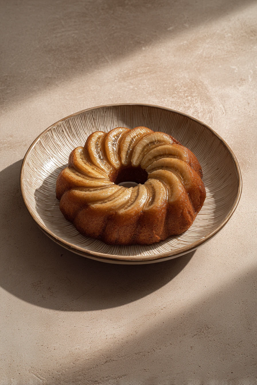 Close-up of a banana cake with a minimalist Korean aesthetic, showcasing its texture and color.