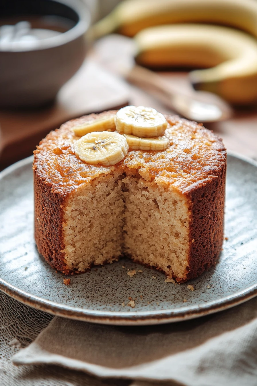 Close-up of a moist banana cake kukus with a golden crust and soft texture.