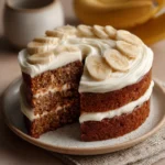 Close-up of banana cake with cream cheese frosting on a clean white plate.