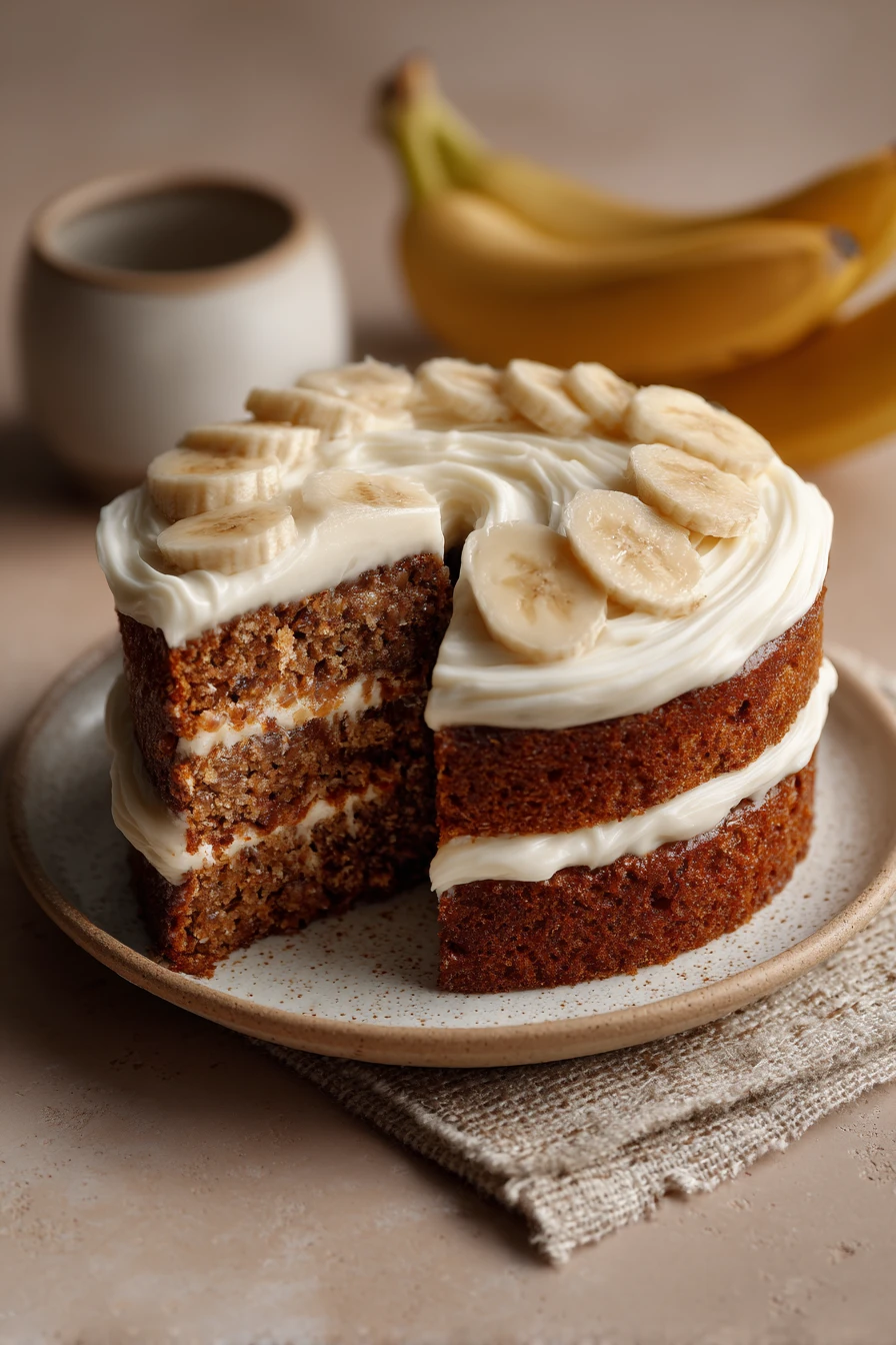 Close-up of banana cake with cream cheese frosting on a clean white plate.