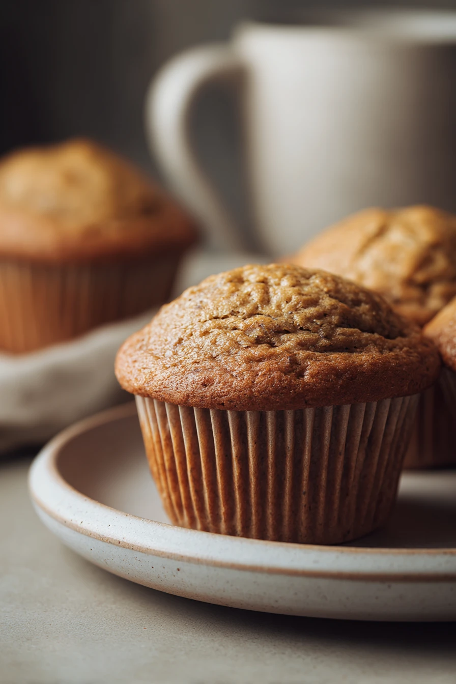 Close-up of jumbo banana muffins on a white plate with a clean background.