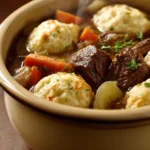Close-up of beef casserole and dumplings with a rich sauce and herbs