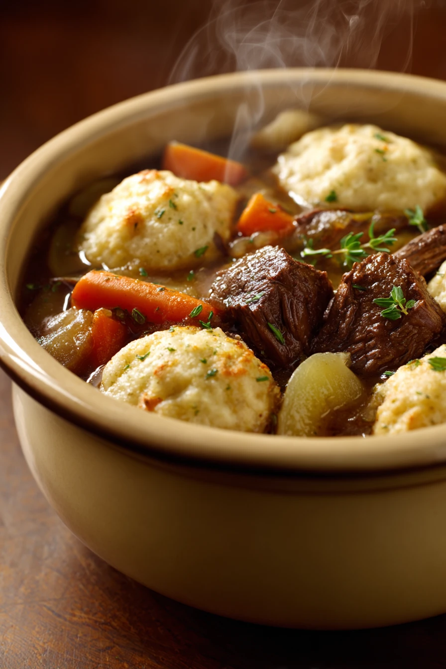 When the Chill Hits, This Beef Casserole and Dumplings Feels Like Home 2 Close-up of beef casserole and dumplings with a rich sauce and herbs