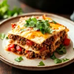 A Cozy Dinner Moment with Beef Casserole and Warm Tortillas 3 Close-up of a beef casserole with ground beef and tortillas, topped with melted cheese.