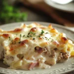 When Comfort Calls: Beef and Chicken Cordon Bleu Casserole for Cozy Nights 3 Close-up of beef chicken cordon bleu casserole with creamy sauce and golden crust