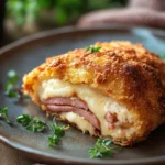 Close-up of beef chicken cordon bleu with creamy sauce and herbs