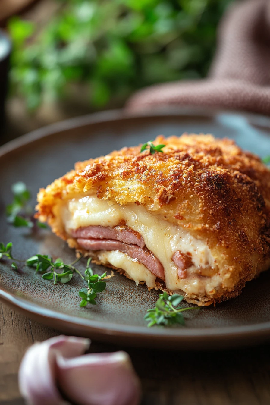 Close-up of beef chicken cordon bleu with creamy sauce and herbs