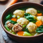Savor a Cozy Night with Hearty Beef and Chicken Dumpling Soup 3 Close-up of beef chicken dumpling soup in a white bowl with herbs