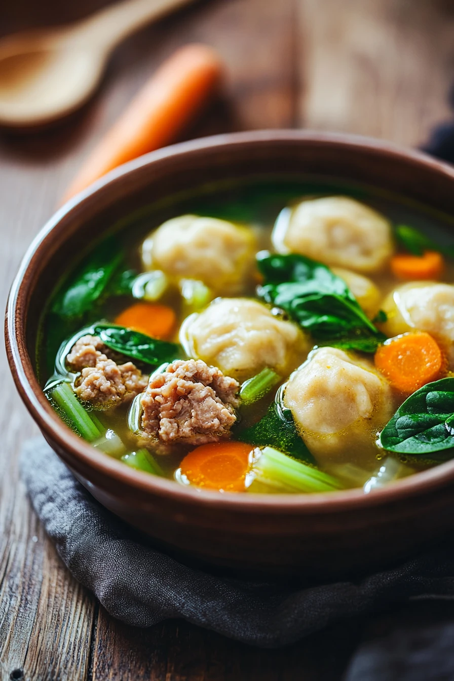 Savor a Cozy Night with Hearty Beef and Chicken Dumpling Soup 2 Close-up of beef chicken dumpling soup in a white bowl with herbs