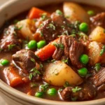 Close-up of a hearty beef stew in a bowl, perfect for a freezer meal made in an instant pot.