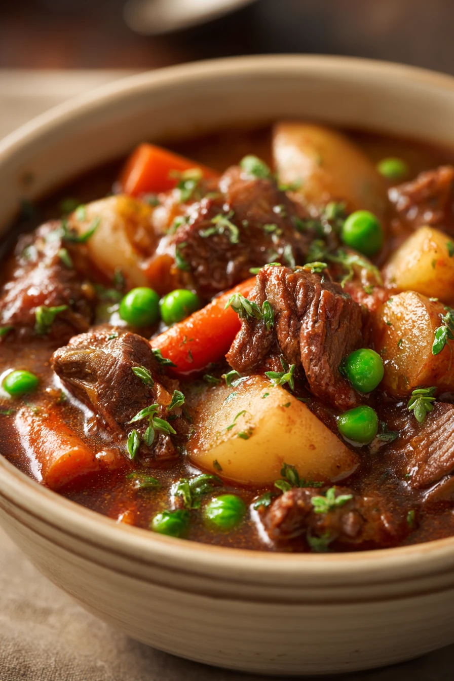 Close-up of a hearty beef stew in a bowl, perfect for a freezer meal made in an instant pot.