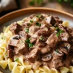 Close-up of creamy beef stroganoff crockpot freezer meal with rich sauce and tender beef.