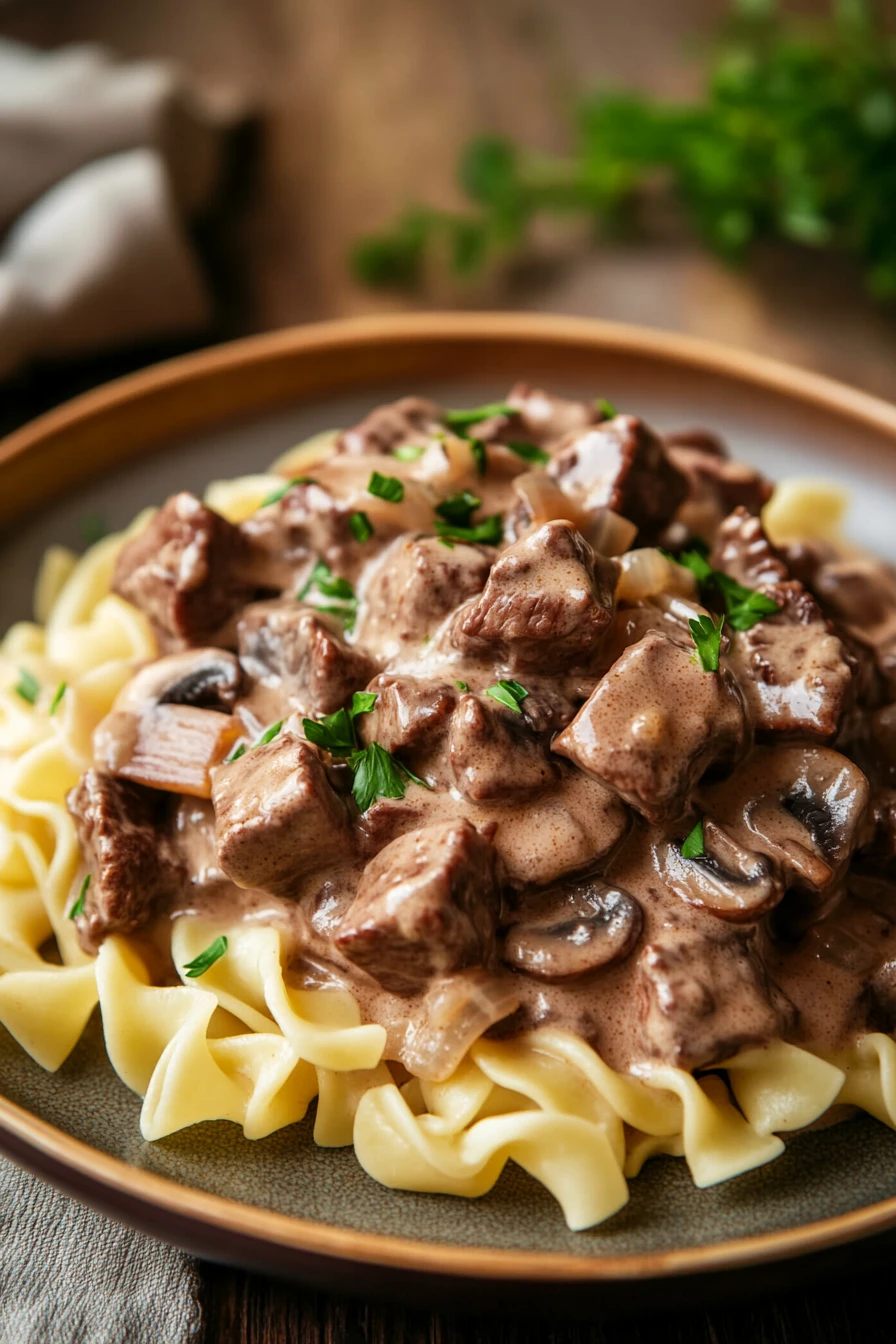 Close-up of creamy beef stroganoff crockpot freezer meal with rich sauce and tender beef.