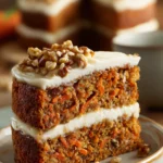 Close-up of carrot cake with cream cheese frosting on a clean background.