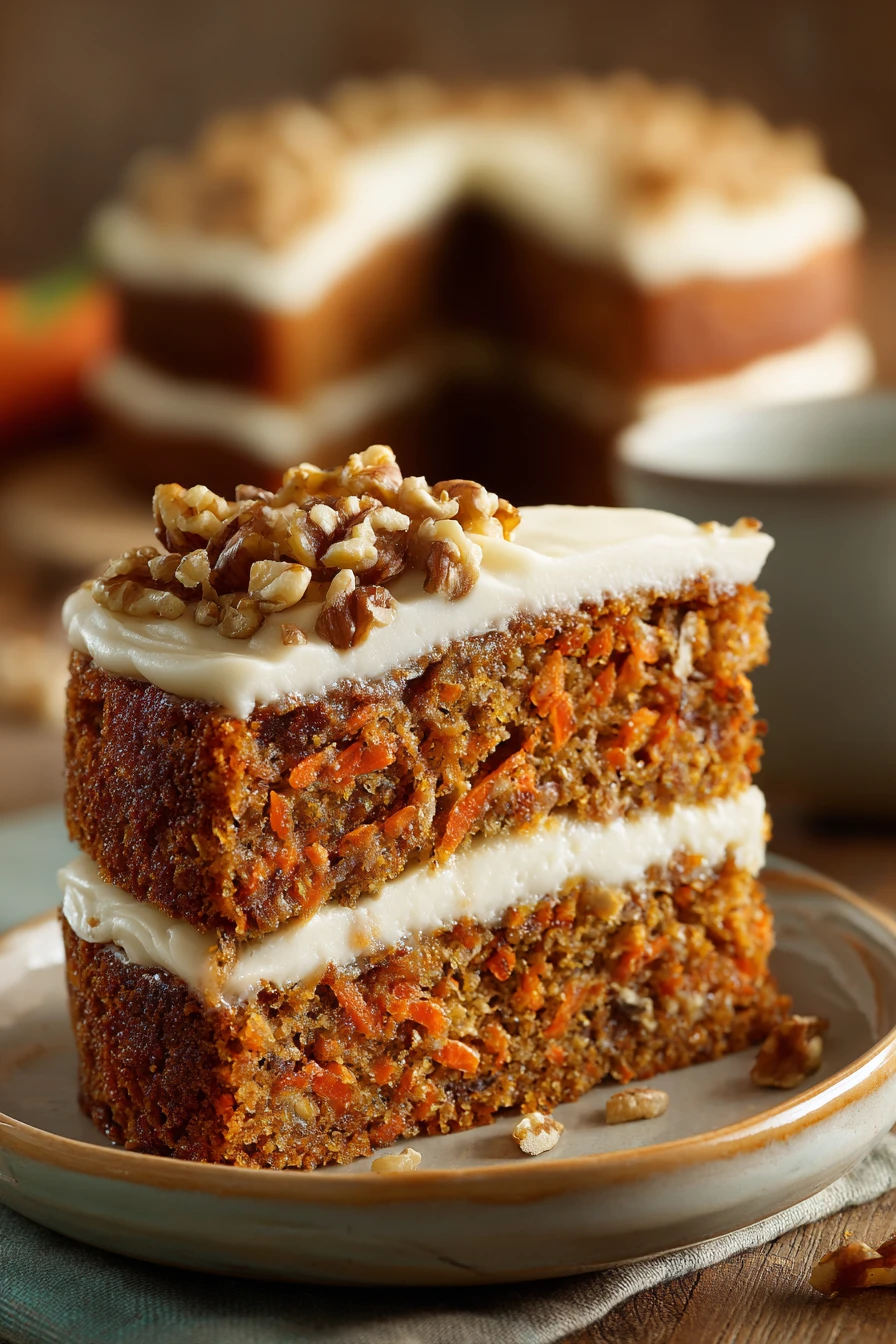 Close-up of carrot cake with cream cheese frosting on a clean background.
