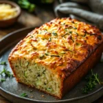 When Afternoon Cravings Hit, Cheddar Garlic Zucchini Bread Comes Through 3 Close-up of cheddar garlic zucchini bread with a golden crust and herbs.