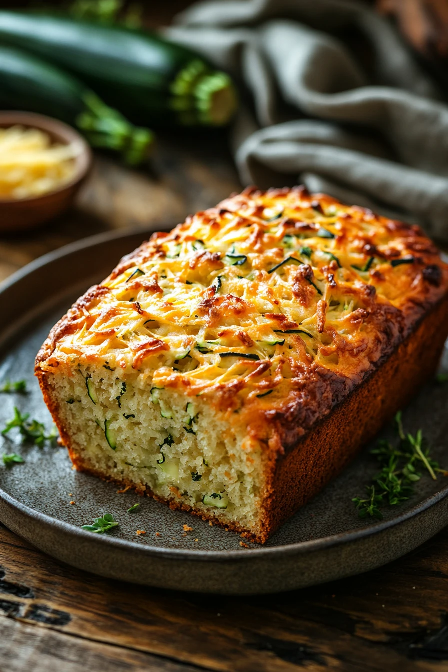 When Afternoon Cravings Hit, Cheddar Garlic Zucchini Bread Comes Through 2 Close-up of cheddar garlic zucchini bread with a golden crust and herbs.