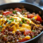 Close-up of a cheeseburger skillet with melted cheese and beef in a pan.